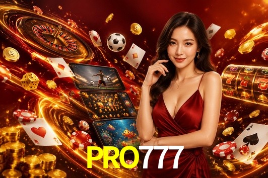 Una escena digital vívida inspirada en casino con PRO777 mostrado prominentemente, luces brillantes, fichas, cartas y acentos dorados.